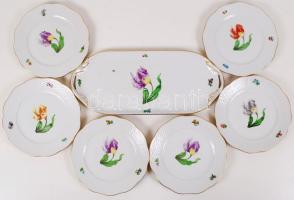 Herendi süteményes készlet, kézzel festett, jelzett (II.oszt.),hibátlan, 37×15 cm, d:18 cm