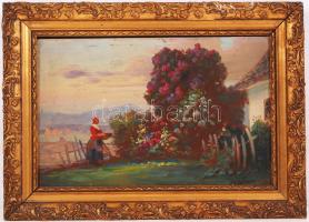 M. Németh jelzéssel: Ház udvar. Olaj, fa, antik keretben, 22×32 cm