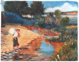L.Z. jelzéssel: Lány a vízparton. Olaj, vászon-farost, kopott, 34×44 cm