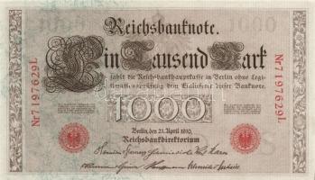 Német Birodalom/Császárság 1910. 1000M hétjegyű sorszám, piros pecsét (5x) T:I-/II German Empire 1910. 1000 Mark 7 digit serial, green and red seal (5x) C:AU/XF