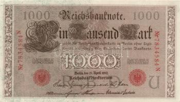 Német Birodalom/Császárság 1910. 1000M hétjegyű sorszám, piros pecsét (5x) T:I-/II
German Empire 191...