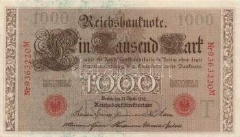 Német Birodalom/Császárság 1910. 1000M hétjegyű sorszám, piros pecsét (5x) T:I-/II
German Empire 191...