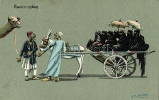 Recrimination / Selling women for a camel, humour, Egyptian folklore litho s: E. B. Norton, Tiltakozás, egy szekér nőt egy tevéért, humor, egyiptomi folklór litho s: E. B. Norton
