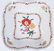 Hollóházi virágos tál, kézzel festett, jelzett, hibátlan, 23×23 cm, m:7 cm