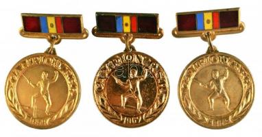 Románia 1959-67. 3db klf aranyozott zománcozott vívó díjérem T:2 Romania 1959-67. 3pcs of different gilt and enamelled fencing medal C:XF