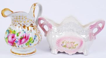 Kézzel festett kiöntő hibátlan jelzés nélküli 17 cm , matricás füles tál hibátlan jelzés nélküli 12x23 cm