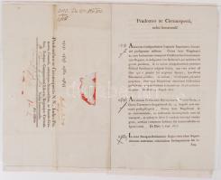 1815 Helytartótanácsi leirat, rendelkezés menekülő katonákról, Nicolaj Gruja szökött fegyencről, külföldi bűnözőkről, gyilkossági körözésekről. Brunszvik József országbíró (187-1827) és Lány Sámuel aláírásával. Egy magyar és egy német nyelvű melléklet a szökevényekről.