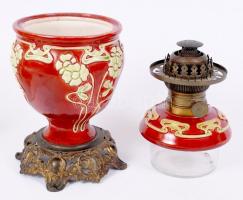 Rudolf Ditmar Wien szecessziós petróleum lámpa, festett fajansz, réz, pótolt üveggel, jelzett, hibát...