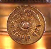 Rudolf Ditmar Wien szecessziós petróleum lámpa, festett fajansz, réz, pótolt üveggel, jelzett, hibát...