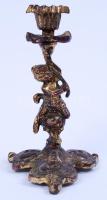 Réz puttós gyertyatartó, gazdagon díszített, kopott, m:15 cm