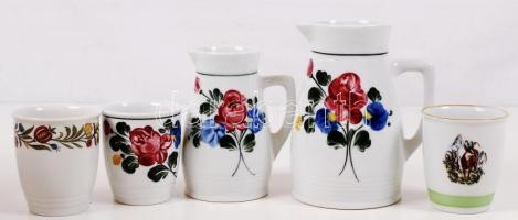 Lilien osztrák porcelán, 5 db, 2 matricás pohár, szarvas és virág mintával, 1 kézzel festett pohár é...
