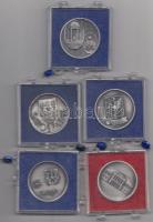 5db különféle fém emlékérem (32mm), mindegyik plombált ÁPV tokban: "Keszthely", "Sárospatak", "Sopron", "Makó", "Szeged" T:1