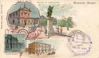 Buenos Aires, palace, statue of Adolfo Alsina, church of San Juan, litho (fa)
