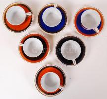 6 db Hollóházi csésze és csészealj, kék, fekete, narancs párosításban, jelzett, hibátlan