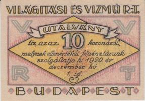 Budapest 1920. Világítási és Vízmű Rt. értékjegy 10K T:hajtatlan, kis beszakadás