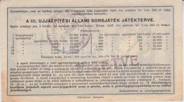 1947. "Fél-Sorsjegy a III. újjáépítési állami sorsjátékra" bélyegzett T:III hajtatlan, kis...