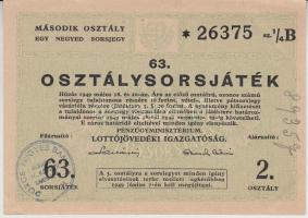 1949. "63. Magyar Osztálysorsjáték" 2. osztály 1/4 sorsjegye T:II-