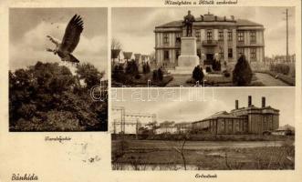 Bánhida, Tatabánya; községháza a Hősök szobrával, erőművek, turul madár