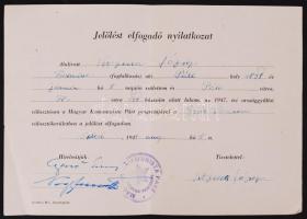 1947 A Magyar Kommunista párt jelölést elfogadó nyilatkozata Gerő Ernő és Nagy Ferenc saját kezű aláírásával