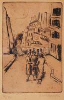 Walleshausen Zsigmond (1887-1957): Pletyka az utcán. Rézkarc 41/70, papír, jelzett, üvegezett keretben, 18×12 cm