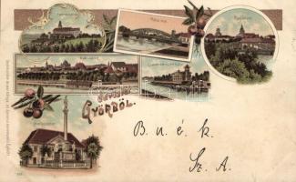 1897 Győr Püspök vár, Csolnakázó Egylet háza, Mária szobor, Rába híd, Pannonhalma litho (fl)