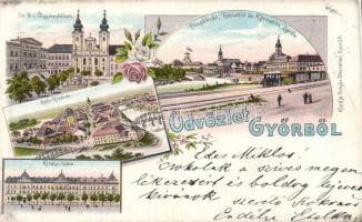 Győr Püspök vár, Karmelita zárda, Rába híd, főgimnázium, Királyi tábla, Újváros zsinagóga, litho (cut)