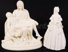 Olasz alabástrom Piéta és királynő szobor, jelzés nélkül, egyik lábujj letört, m:16-18 cm