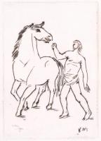 Borsos Miklós (1906-1990): Férfi és a ló. Hidegtű, papír, jelzett a papíron, 11×8 cm