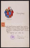 1905 Címer hitelesítő bizonyítvány kézzel festett címerrel