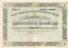 Budapest 1928. Pesti Magyar Kereskedelmi Bank részvénye 250P-ről szelvényekkel szárazpecséttel T:III