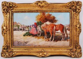 Gutaházy Németh Gyula (1922-1966): Vásárban. Olaj, fa, jelzett, antik keretben, 19×33 cm