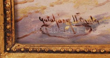 Gutaházy Németh Gyula (1922-1966): Vásárban. Olaj, fa, jelzett, antik keretben, 19×33 cm