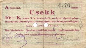 Pápa 1919. május 8. "Pápai csekk" 10K (5x) + 20K (5x) + 50K mind lyukasztással érvénytelen...