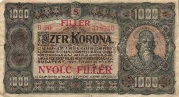 1923. 1000K T.W. nyomdahely jelöléssel és "8 FILLÉR - NYOLC FILLÉR" felülnyomással T:III