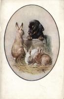 Dog with rabbits, s: CR (small tear)