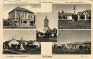 Rimaszécs, Rimavská Sec; Római katolikus iskola és templom, Református templom, községháza országzászlóval / Roman catholic school and church, Calvinist church, town hall with country flag