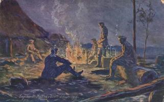Am Lagerfeuer / Around the campfire, WWI K.u.K. soldiers, Kilophot Nr. 3. s: Engelhardt Hüsshauser, A tábortűz körül, Első világháborús Császári és Királyi katonák. Kilophot Nr. 3. s: Engelhardt Hüsshauser