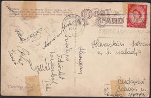 1953 A legendás 6:3 után két nappal az Aranycsapat tagjai által hazaküldött, aláírt képeslap / Postcard signed by the Hungarian football team after the legendary match against England