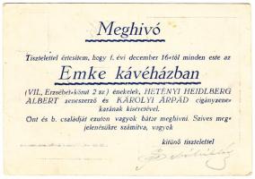 cca 1930 Sebő Miklós nóta- és dalénekes aláírt meghívója az Emke kávéházban tartott dalestjére