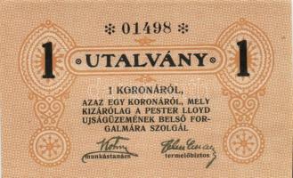~1920. "Pester Lloyd Újságüzem" utalvány 1 Korona bélyegző nélkül (10x) egymás utáni sorsz...