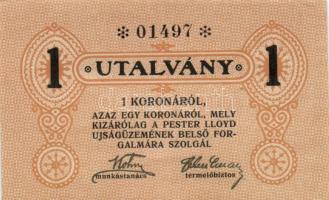 ~1920. "Pester Lloyd Újságüzem" utalvány 1 Korona bélyegző nélkül (10x) egymás utáni sorsz...
