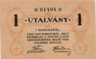 ~1920. "Pester Lloyd Újságüzem" utalvány 1 Korona bélyegző nélkül (10x) egymás utáni sorsz...