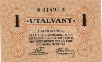 ~1920. "Pester Lloyd Újságüzem" utalvány 1 Korona bélyegző nélkül (10x) egymás utáni sorsz...