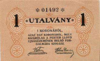 ~1920. "Pester Lloyd Újságüzem" utalvány 1 Korona bélyegző nélkül (10x) egymás utáni sorsz...