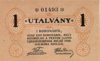 ~1920. "Pester Lloyd Újságüzem" utalvány 1 Korona bélyegző nélkül (10x) egymás utáni sorsz...