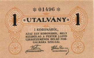 ~1920. "Pester Lloyd Újságüzem" utalvány 1 Korona bélyegző nélkül (10x) egymás utáni sorsz...
