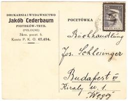 1935 Jakób Cederbaum Piotrków Trybunalski-i könyvkiadó héber nyelvű, saját kézzel írt levelező lapja a budapesti Király utcában székelő Joseph Schlesinger könyvkereskedésnek /  Jakób Cederbaum Piotrków Trybunalski book publisher's Hebrew postcard to Joseph Schlesinger book publisher in Budapest