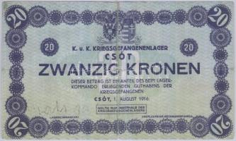 Csót/hadifogolytábor 1916. 20K számozás nélkül, ragasztott T:III-/IV