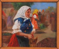 Pállya Celesztin (1864-1948): Vásárban. Olaj, fa, jelzett, üvegezett keretben, 13×14 cm