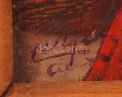 Pállya Celesztin (1864-1948): Vásárban. Olaj, fa, jelzett, üvegezett keretben, 13×14 cm